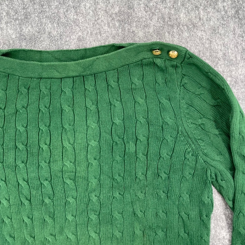 Lauren Ralph Lauren Sweater Extra Large Green Cable Knit Neck Gold Button LRL - Picture 9 of 16